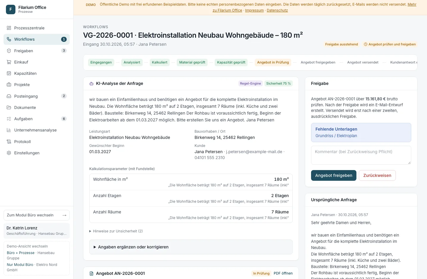 Anfrage mit Angebot in Filarium Office (Demo mit Beispieldaten)